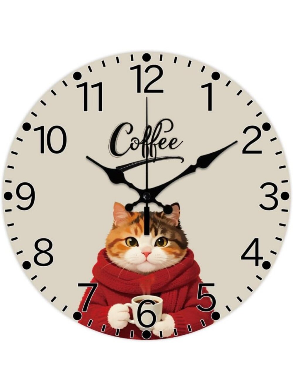 Cute Cat Coffee Pattern Wall Clock - 12" Non-Ticking Round Decor for Home